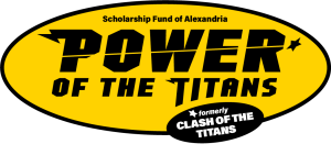 Gold Oval medallion logo containing words Scholarship Fund of Alexandria Power of the Titans